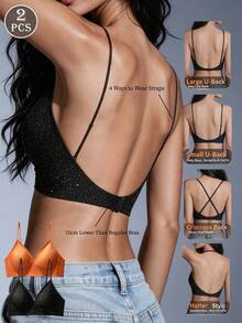 2pcs/Set Women's Seamless Backless Bra, Shiny Star Pattern Design, Adjustable Criss-Cross Back Strap, Breathable Thin Cup, Comfortable For Daily Wear - Multicolor - View 11