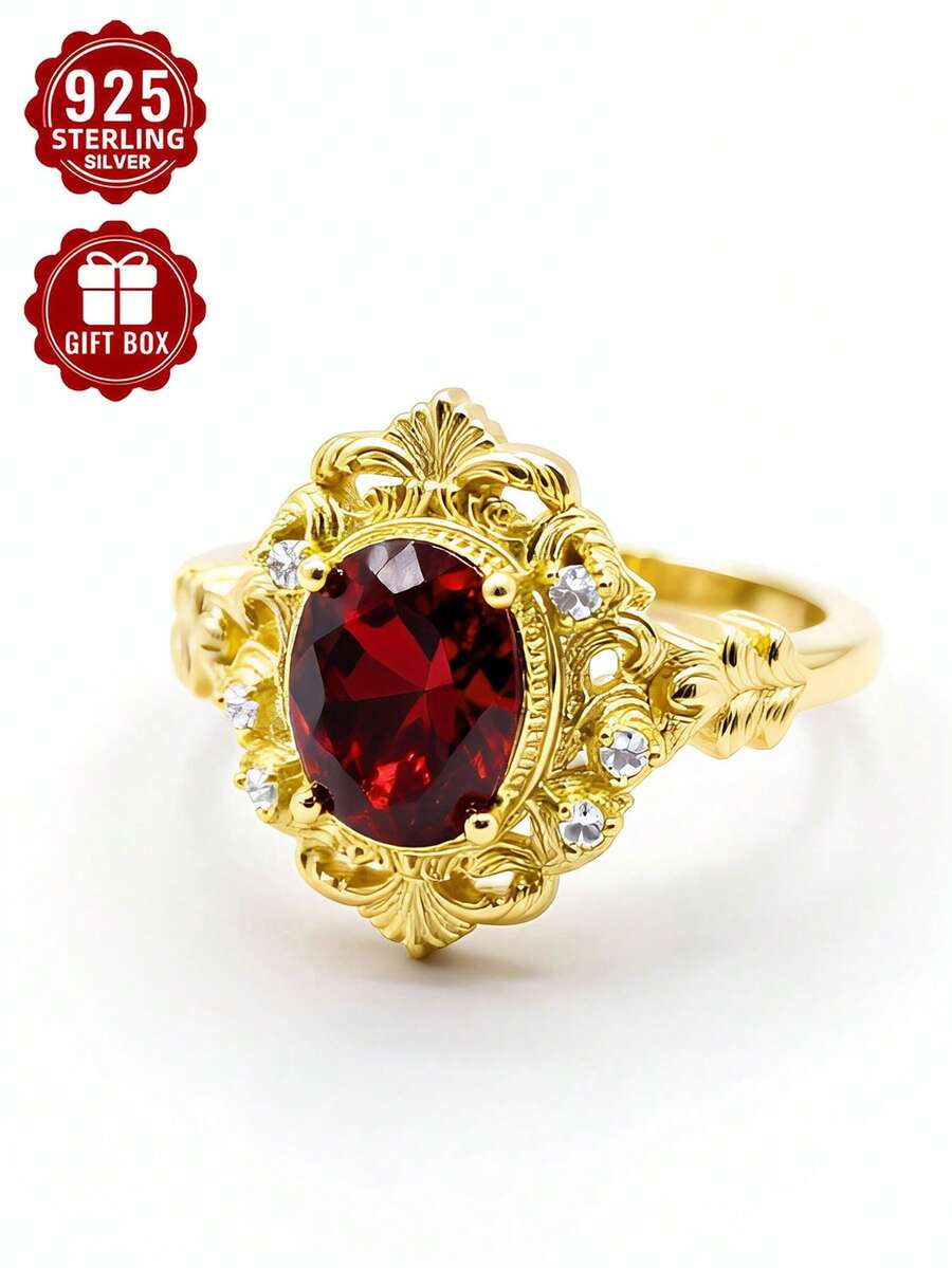 1pc 925 Sterling Silver Ring, Exquisite Carved Hollow Craftsmanship, Size 7-11, Comes With Gift Box - Gold - View 1
