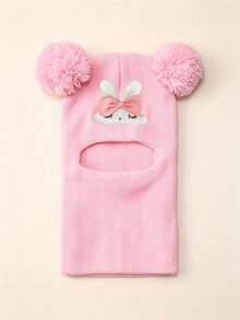 1Pc Children 1‑8Y Winter Knit Balaclava Helmet Hat, Cute Sleeping Rabbit , Two Big Fluffy Pom Pom Balls, Full Neck Cover Warm Keeping For Outdoor Use - Multicolor - View 28