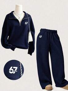 Youth Girl Digital Pattern Embroidered Half-Zip Stand Collar Sweatshirt And Pants - Royal Blue - View 1
