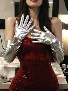 1雙長款彈性女款派對舞會PU亮面手臂袖套手套 - 銀色 - 查看 3