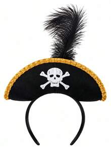 MESHUOKAI Unisex Mini Pirate Tricorne Hat Headband With Skull & Crossbones Pattern And Black Feather, Halloween Carnival Cosplay Party Hair Accessory - Multicolor - View 4