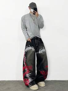 Justice Brother 1pc Korean Style Personalized Design Dual-Color Print Men's Denim Jeans Fashion All-Season Versatile Wide Leg Pants Casual Comfortable Long Trousers (Belt/Accessories Not Included) - Black - View 6