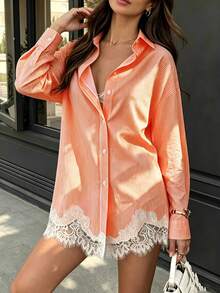 Women's Fashion Shirt Collar Long Sleeve Contrast Color Lace Button Front Regular Fit Top, Suitable For Autumn Wear - Orange - View 2