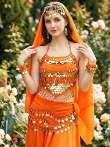 Coin Dangle Forehead Headscarf + Wrist Cuffs + Chest Ornament + Hip Decor, Multi-Scenario Body Decor For Belly Dance Halloween Cosplay Desert Travel Theme Party (Multiple Colors Available) - Multicolor - View 15