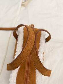 1pc Maillard Vintage Style Lamb Wool Patchwork Handbag, Adjustable Shoulder Strap Crossbody Small Bag, Lightweight Shoulder Bag. Suitable For Girls/Children/Students, Perfect For Autumn Outings, Shopping, Daily Commute. - Multicolor - View 10