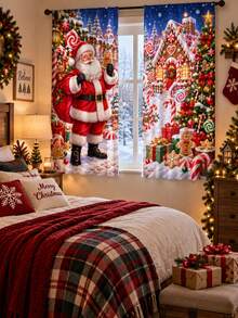 2pcs Christmas Printed Curtains, Festive Spandex Window Panels With Red Bow, Pine Garland, Ornament, Star And Snowflake Pattern, Light Filtering Rod Pocket Drapes For Living Room, Study, New Year Winter Decor - A - View 8