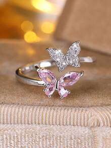 Sparkling Double Butterfly Gold-Plated Ring, Adjustable Open Band With Pink And White Cubic Zirconia, Romantic Fairy Style Women's Jewelry, Perfect For Dates - Golden - View 8