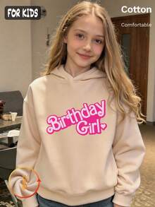 هودي صوف للبنات خريف وشتاء بطبعة Birthday Girl باللون الأبيض والوردي مع نص وأكمام طويلة ستايل Y2K - لون مشمشي - مشاهدة 4