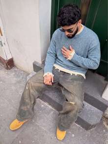 BLACKTOEXIT Men's Crew Neck Loose Korean Style Lazy 2 In 1 Distressed Knit Sweater, Autumn/Winter - Blue - View 6