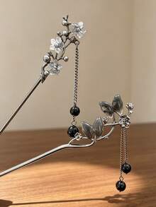 1pc Gun Gray Flower Butterfly Chain Pendant Metal Hair Stick, Women's Back Head Bun Hair Pin, Vintage Atmosphere Hair Accessory - Multicolor - View 4