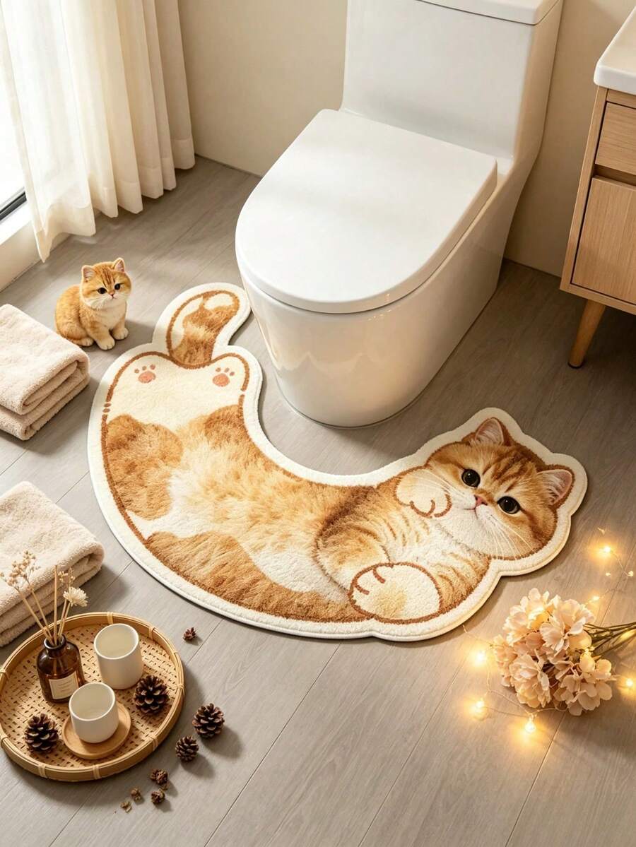 1pc Yellow Lying Cat Pattern Doormat, Christmas Gift, Welcome Mat, Small Rug, Carpet, Floor Mat, Outdoor Doormat, Kitchen Rug, Home Decor, Front Door Mat, Area Rug, Outdoor Mat - Multicolor - View 1
