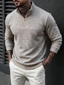 Men's Half-Zip Mock Neck Long Sleeve Knit Sweater, Casual Commute Half-Open Front Pullover - Khaki - View 6