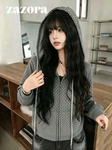 Korean Vintage Polka Dot & Striped Casual Versatile Slimming Patchwork Hooded Sweatshirt Jacket For Women - Grey - View 4