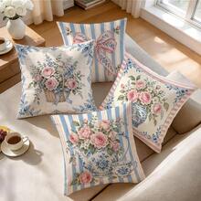 4pcs/1pc Blue And White Porcelain Pot Vintage Floral Pattern Pillow Case, Single-Sided Printed Pillow Case, Suitable For Living Room, Bedroom, Home Decor, All-Season Pillow Case - Multicolor - View 6