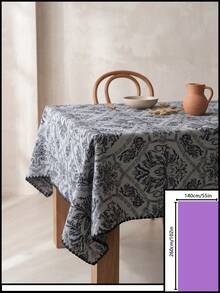 1pc Grey-Blue Base Black Vintage Damask Floral Pattern Tablecloth, Retro Classic Style Fabric Material, Rectangular Black Wavy Jagged Edge Detail, Stain-Resistant Protection For Tabletop And Decorative Enhancement, Suitable For Daily Home And Retro Classic Style Restaurant Decor - Black - View 16
