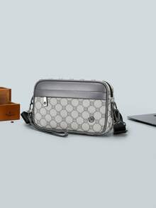Men's Contrasting Color Patterned Horizontal Camera Bag With Multiple Compartments, Casual Travel Shoulder Crossbody Bag - Grey - View 9