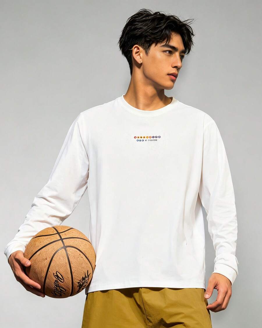 veidoorn Men's Long-Sleeve Top With A Simple Lettering Print Design,Unisex For Running, Sports, Baseball,Daily Wear