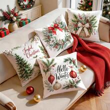 4pcs/1pc Christmas Wreath & Bow Pattern Pillow Covers, Single-Sided Printed Pillow Covers, Suitable For Living Room, Bedroom, Home Decor, All-Season Pillow Covers - Multicolor - View 8