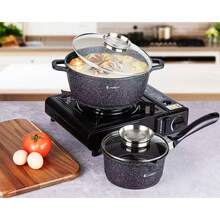 Elitehoff 9-Piece Nonstick Cookware Set, Marble-Effect Pots & Saucepan, 3 Glass Lids, Induction Compatible, 16–24 Cm, Black Or Grey - View 4