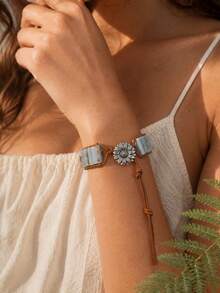 1pc Boho Braided Leather Bracelet, Adjustable Natural Stone Beaded With Flower Charm Clasp, Women's Daily Beach Vacation Jewelry Gift - Flower Buckle - View 2