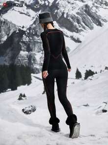 Women's Autumn/Winter Colorblock Elastic Warm Long Sleeve Ski Top And Pants Set - Black - View 7