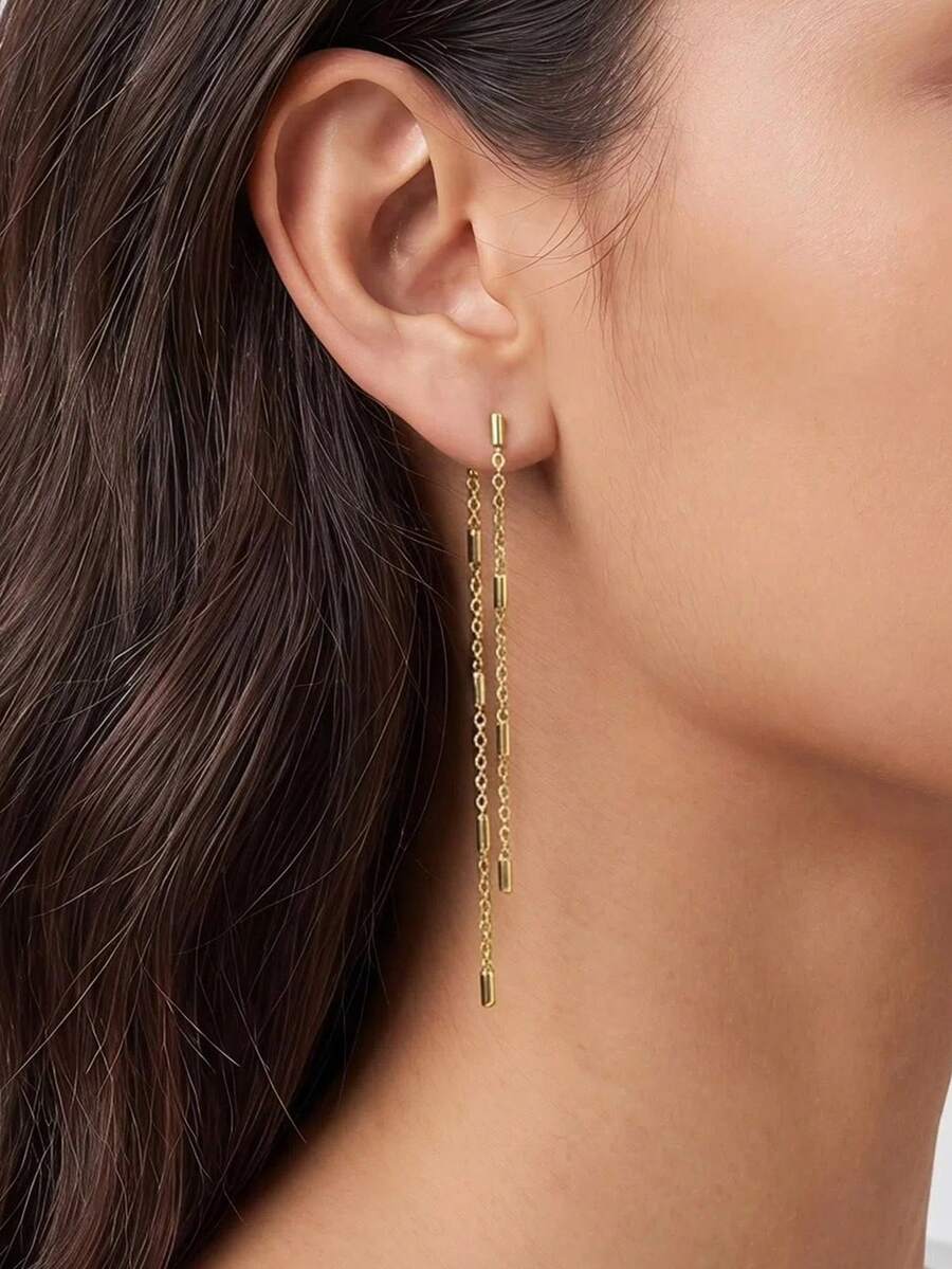 1 Pair Long Tassel Earrings, Gold Flattened Cross Clip Tube Chain O-Ring Chain Earrings, Niche Style - Gold - View 1