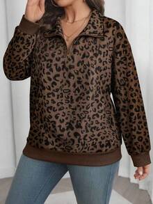 Women's Plus Size Casual Leopard Print Half-Zip Sweatshirt, Simple & Relaxed Fit - Brown - View 4
