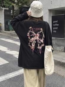 Women's Fashion Autumn/Winter Loose Minimalist Versatile Letter & Floral Print Long Sleeve T-Shirt - Black - View 1