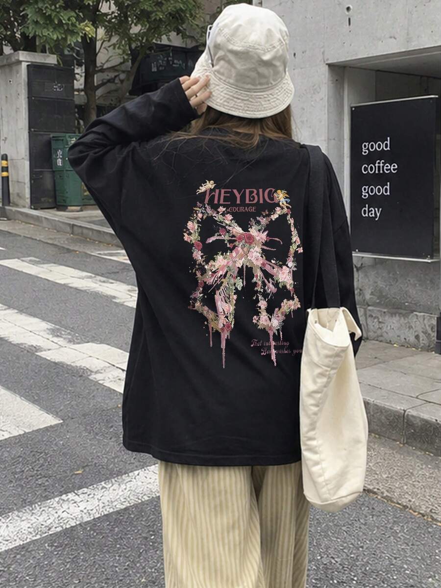 Women's Fashion Autumn/Winter Loose Minimalist Versatile Letter & Floral Print Long Sleeve T-Shirt - Black - View 1