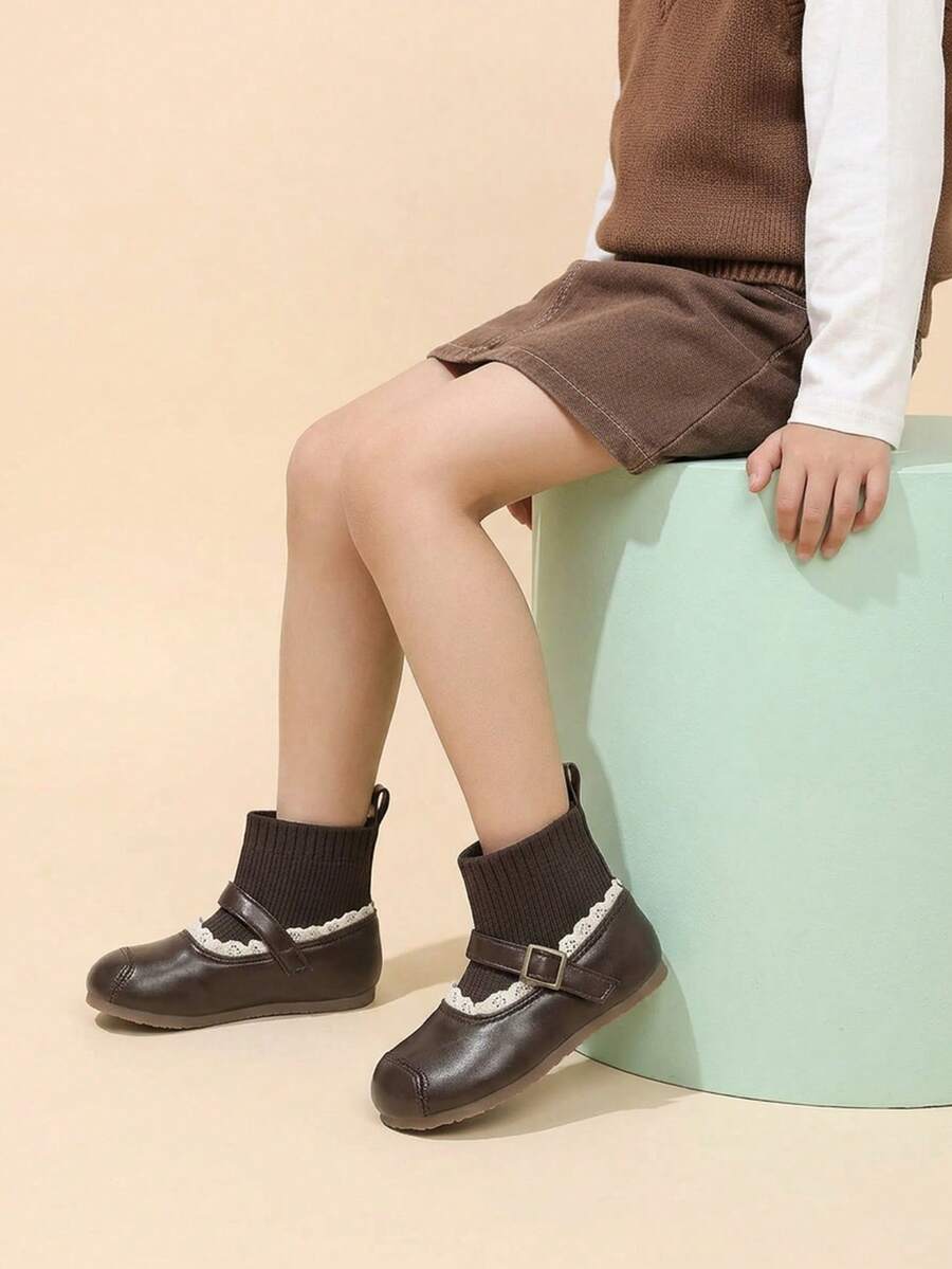 Girls' Mori Style Brown Patchwork Sock Boot With Lace Trim And Hook And Loop Closure, Suitable For Autumn/Winter Outings And School - Brown - View 1