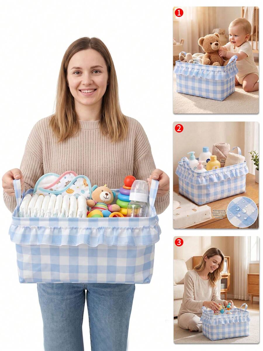 HAPPY WALK 1pc New Baby Room Ruffled Blue Plaid Storage Basket, Foldable Oxford Cloth Baby Toy & Diaper Storage Box, Desktop Organizer Bin, Space-Saving Kids Room Storage Basket, Unisex For Boys And Girls - Blue and White Plaid - View 1