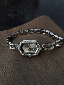 1PC Women Silver Tone U Shaped Crystal Link Quartz Bracelet Watch With Faceted Gray Polygon Dial Rhinestone Bezel Vintage Luxury Gift - Silver - View 3
