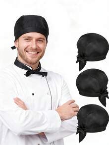 3pcs Black/White Chef Hats, Adjustable Adult Chef Hats, Kitchen Chef Skull Cap, Breathable Professional Cooking Catering Hats, Unisex - Multicolor - View 13
