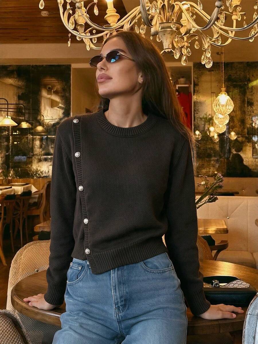 Women's Elegant Casual Fall Winter Brown Crew Neck Knit Sweater, Asymmetrical Design Long Sleeve Diagonal Button Detail Loose Pullover For Daily Wear - Brown - View 1