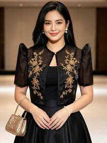 Butterfly Sleeve Philippine Style Women's Elegant Petal Sleeve Sequin Pattern Short Sleeve Blouse - Black - View 1