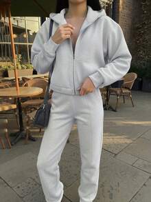 Plus Size Women Loose Comfortable Casual White Sports Fleece 2 Pieces Set, Including Zip-Up Hoodie Sweatshirt Jacket And Straight Leg Pants, Suitable For Daily Warm Wear - Light Grey - View 3
