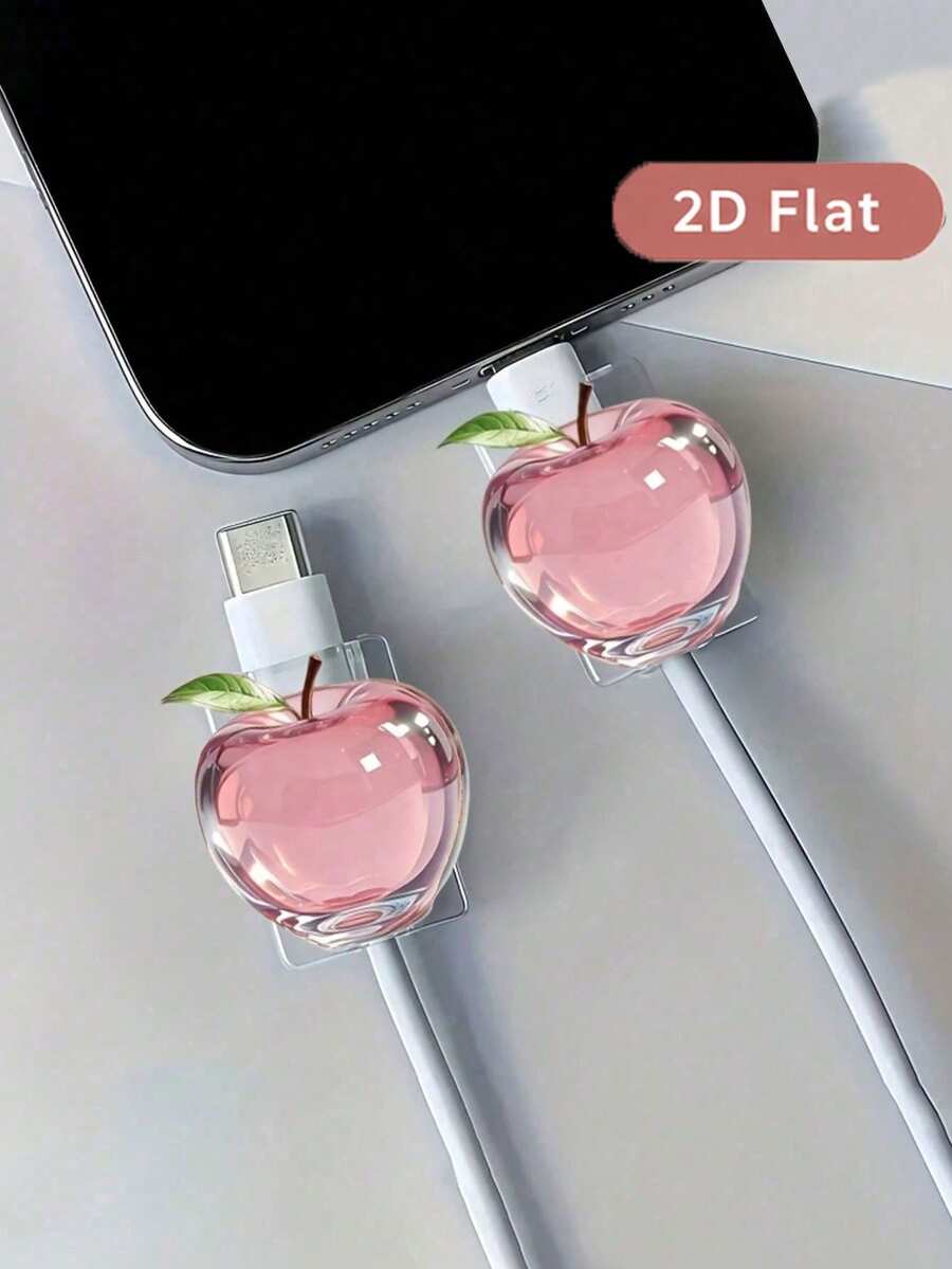 2D Flat Aesthetic Red Pink Apple Fruit Pattern Cable Protector, Anti-Scratch Type-C/Phone Charging Cable Sleeve, Fashionable & Durable, Phone Cable Protector, Fun Design, Sturdy Plastic Material - Multicolor - View 1