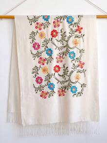1件女款秋冬仿羊絨花卉刺繡圍巾，厚實保暖流蘇刺繡波希米亞風旅行披肩斗篷 - 米色 - 查看 2