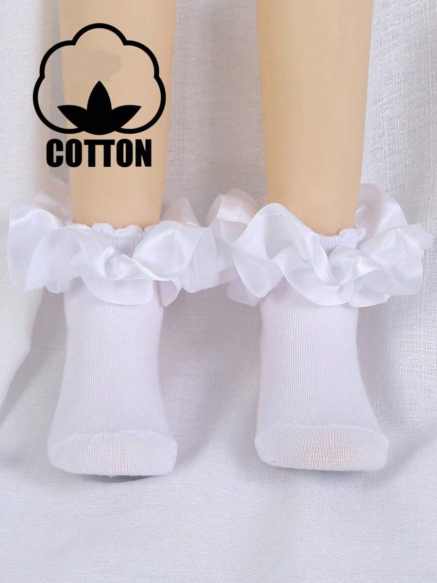 1 Pair Cotton Baby/Toddler Girls' Socks With Big Lace Ruffle, Princess Dance Socks - White - View 1
