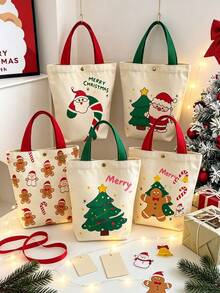 2pcs Christmas Printed Tote Handbag Bag, Santa Claus & Christmas Tree & Gingerbread Man Print Handbag, Reusable Snap Button Shopping Bag, Holiday Gift Bag, Women Daily Shoulder Handbag - Multicolor - View 1