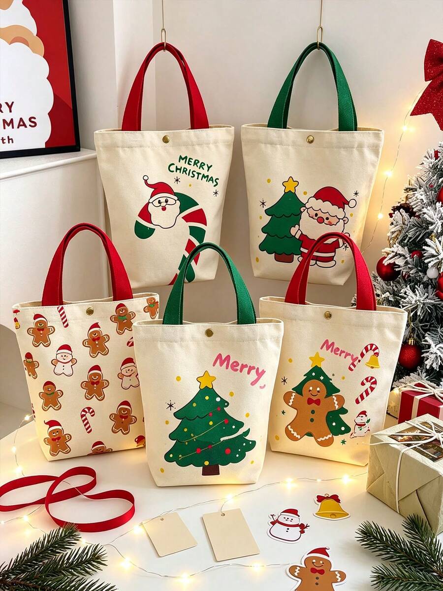 2pcs Christmas Printed Tote Handbag Bag, Santa Claus & Christmas Tree & Gingerbread Man Print Handbag, Reusable Snap Button Shopping Bag, Holiday Gift Bag, Women Daily Shoulder Handbag - Multicolor - View 1