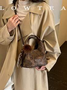 low tea 1pc Minimalist Small Bucket PU Fabric Handbag, Suitable For Commuting, Shopping, Etc. (With Pendant) - Coffee - View 8