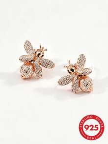 BRLINEY 18K Rose Gold Plated Bee Shaped Cubic Zirconia Stud Earrings, Hypoallergenic Exquisite Animal Design, Elegant Jewelry, Suitable For Party And Daily Wear - Rose Gold - View 1
