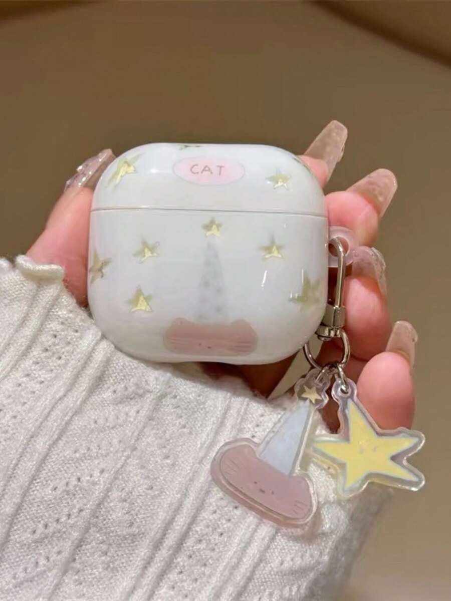 Ốp tai nghe hình tai mèo mũ dài ngôi sao vàng dễ thương vui nhộn, tương thích với Pods Pro1/2/3/4, Bluetooth không dây thế hệ 5 cho Apple Pro, vỏ mềm chống rơi - trắng - Xem 1