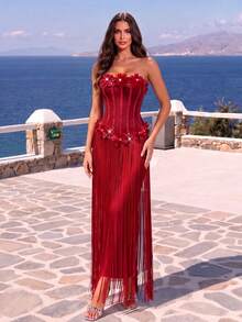 Women's Elegant Strapless Rhinestone Floral Tassel Bandage Evening Dress - Burgundy - View 4