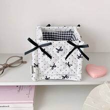1pc Cute Bow Quilted Fabric Storage Basket Foldable Desktop Organizer Bin Two-Size Makeup Cosmetic Storage Box For Vanity Table Bedroom Home Decor - Multicolor - View 15