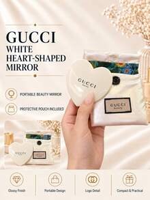 Cermin rias berbentuk hati berwarna putih merek Gucci, ukuran 7,5 cm, satu buah, cermin bening, ringkas dan portabel, dilengkapi dengan tas penyimpanan, cocok untuk bepergian dan merias wajah sehari-hari. - Putih - View 3