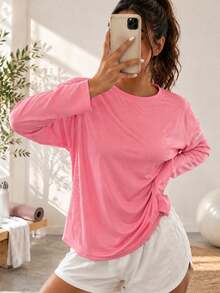 AODSR Women's Pink Long Sleeve Crew Neck Athletic Top With Perforated Side Detail For Running Training Yoga And Fitness - Hot Pink - View 2