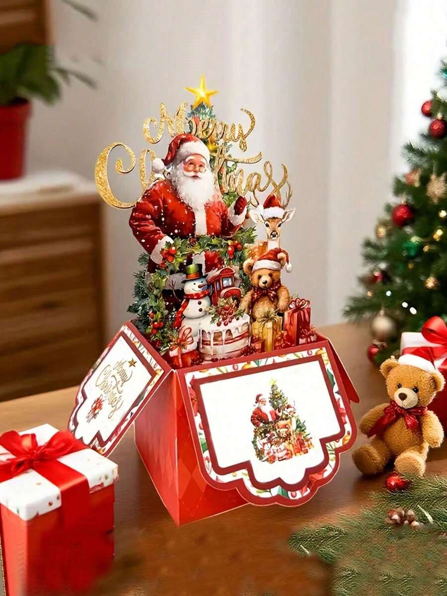 2/1pc 3D Christmas Greeting Card, Pop-Up Card With Santa Claus, Reindeer And Tree Design, Red Paper Holiday Card With Envelope, Suitable For Christmas Party Invitation For Family And Friends - One Size Fits All - View 1